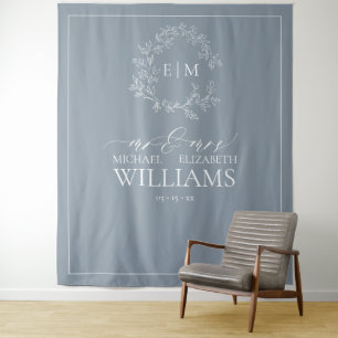 Stoffig Blau Bladerig Kuif Monogram Trouwfoto Wandkleed