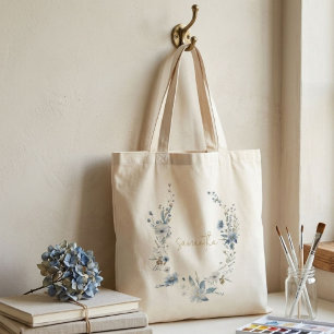 Stoffig Blau Bloemig Lentegroen Naam Initiaalmonog Tote Bag