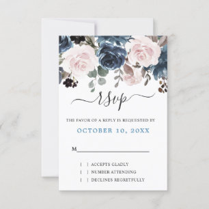 Stoffig Blau Blos Roze Bloemige Botanische Trouwda RSVP Kaartje