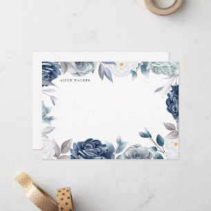 Stoffig blau elegant bloemendessin met monogram notitiekaartje