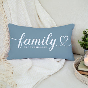 Stoffig Blau Familie Hart Script Monogram Kussen
