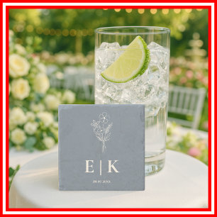 Stoffig Blau Wilde Bloem Monogram Huwelijk Stenen Onderzetter
