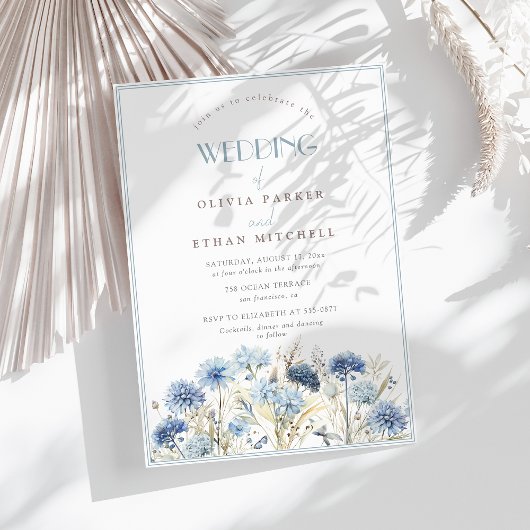 STOFFIG Blauw Beige Wildflower Bruiloft Kaart