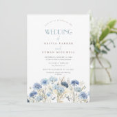 STOFFIG Blauw Beige Wildflower Bruiloft Kaart (Staand voorkant)