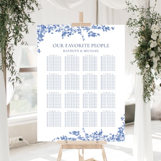 Stoffig Blauw Bloemen Bruiloft 16 Tafel Zitplaats Poster