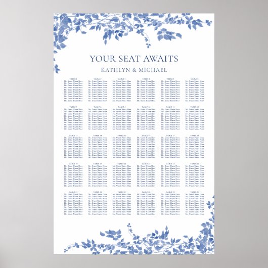 Stoffig Blauw Bloemen Bruiloft 30 Tafel Zitplaats Poster (Voorkant)