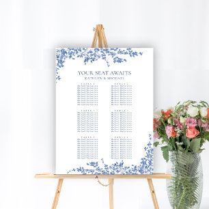 Stoffig Blauw  Bloemen Bruiloft 6 Tafel Zitplaatse Poster