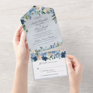 Stoffig Blauw Bloemen Bruiloft All In One Uitnodiging