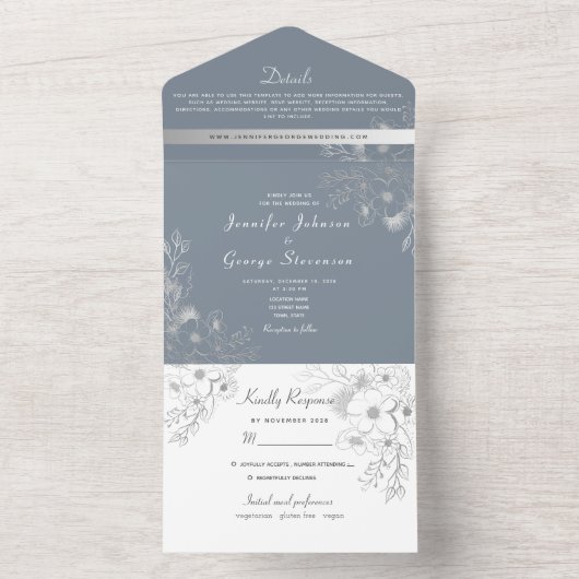 Stoffig Blauw Bloemen Bruiloft All In One Uitnodiging (Binnen)