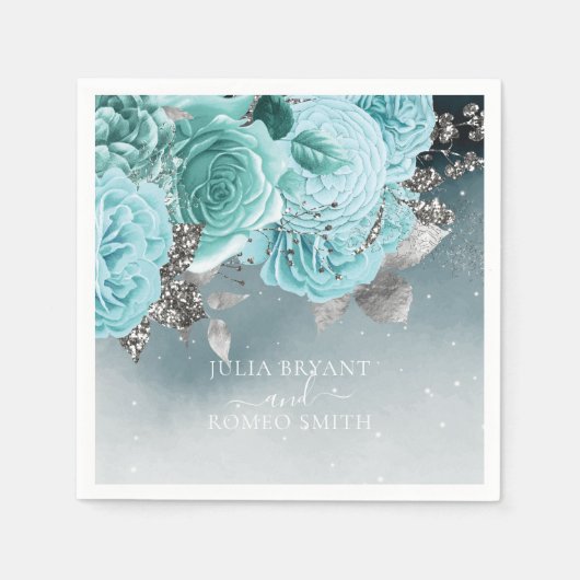 Stoffig Blauw Bloemen Bruiloft Luxe Servet (Voorkant)