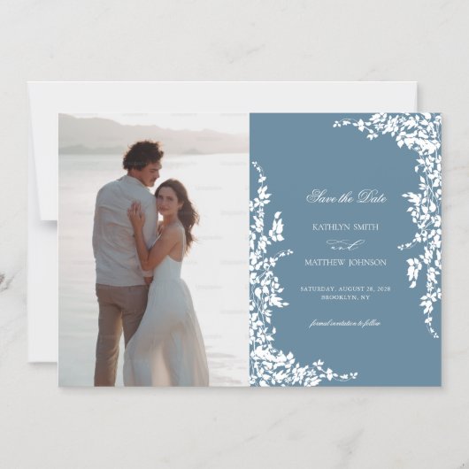 Stoffig Blauw Bloemen Bruiloft Save The Date Magnetische Uitnodiging (Voorkant)
