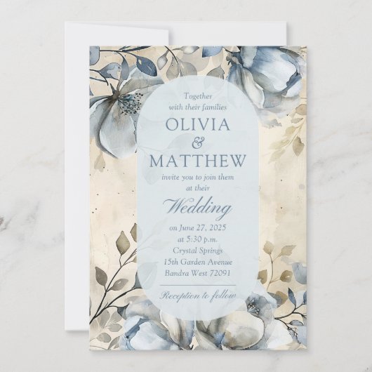 Stoffig Blauw Bloemen Elegant Bruiloft Kaart (Voorkant)
