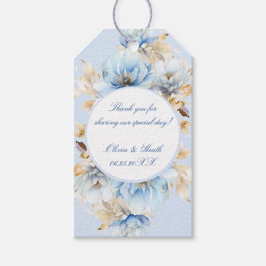 Stoffig Blauw Bloemen Goud Bruiloft Cadeaulabel (Voorkant)