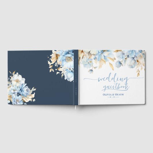 Stoffig Blauw Bloemen Goud Bruiloft Gastenboek (Volledig)