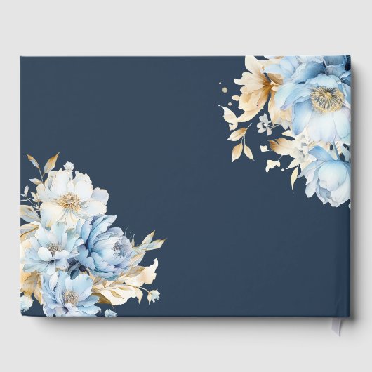 Stoffig Blauw Bloemen Goud Bruiloft Gastenboek (Achterkant)