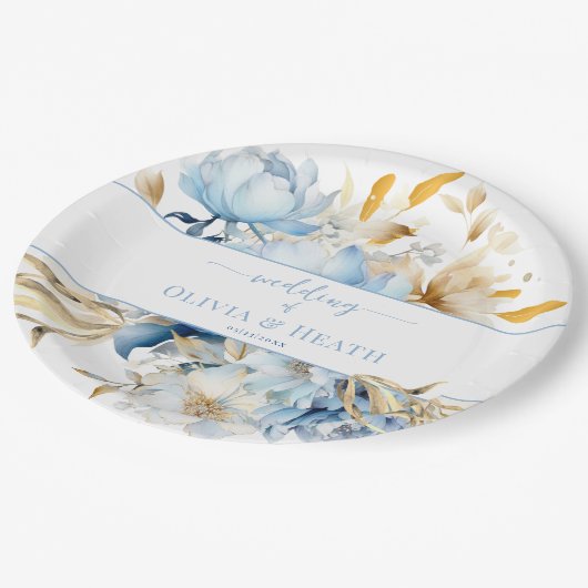 Stoffig Blauw Bloemen Goud Bruiloft Papieren Bordje (Gekanteld)