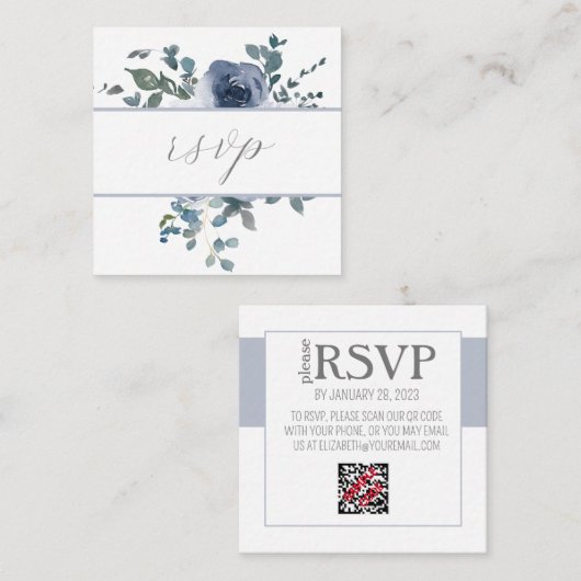 Stoffig Blauw Bloemen & Grijs QR Code RSVP-Kaart Informatiekaartje (Voorkant / Achterkant)