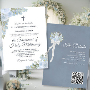 Stoffig Blauw Bloemen Moderne Katholieke QR Code T Kaart