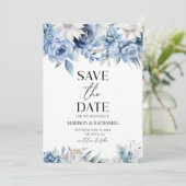 Stoffig Blauw Bloemen Tuin bruiloft Save The Date (Staand voorkant)