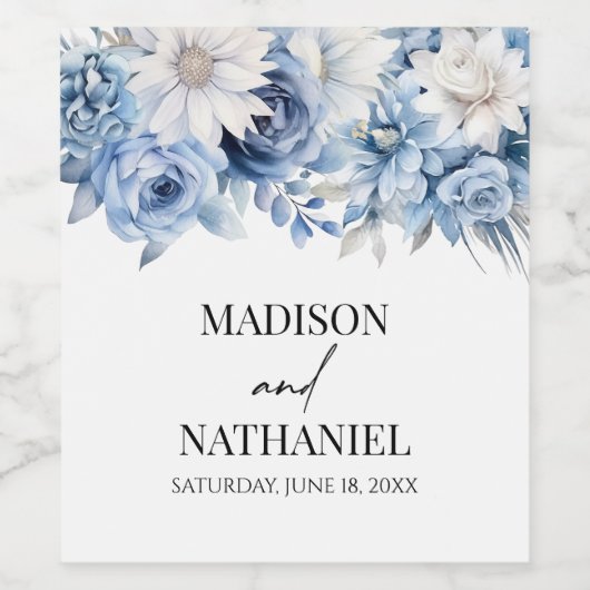 Stoffig Blauw Bloemen Tuin Trouwen Wijn Etiket (Enkel label)