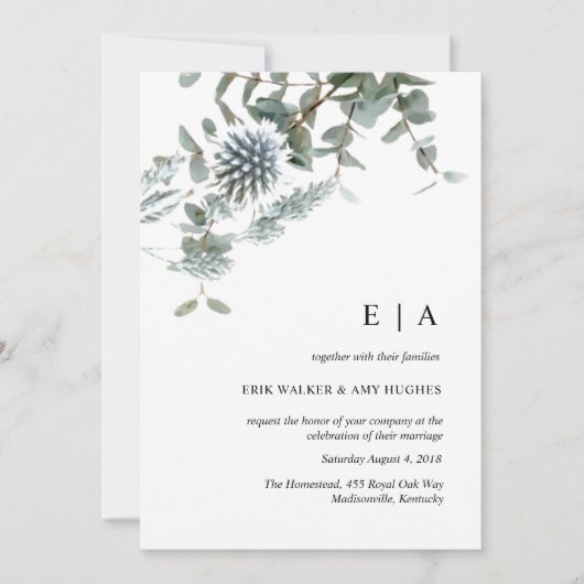 Stoffig blauw bloemen waterverf bruiloft uitnodigi kaart (Voorkant)