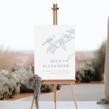 Stoffig Blauw  Bloemen Zangvogel Bruiloft Welkom