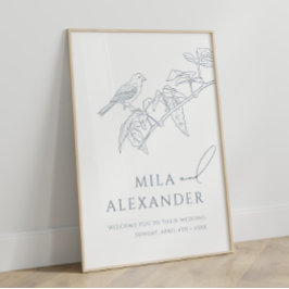 Stoffig Blauw  Bloemen Zangvogel Bruiloft Welkom Poster