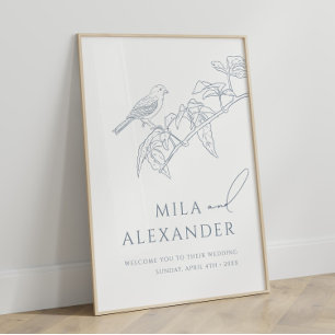 Stoffig Blauw  Bloemen Zangvogel Bruiloft Welkom Poster