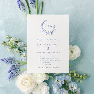stoffig blauw bloemenkrans monogram bruiloft kaart