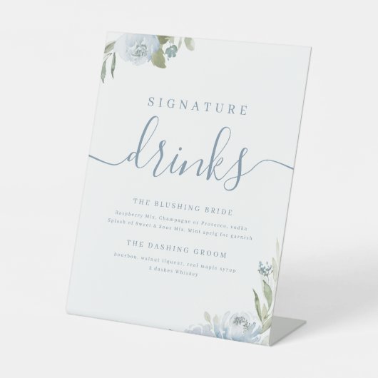 Stoffig blauw bloemenrustiek Bruiloft Signature Dr Reclamebord Met Voetstuk (Voorkant)