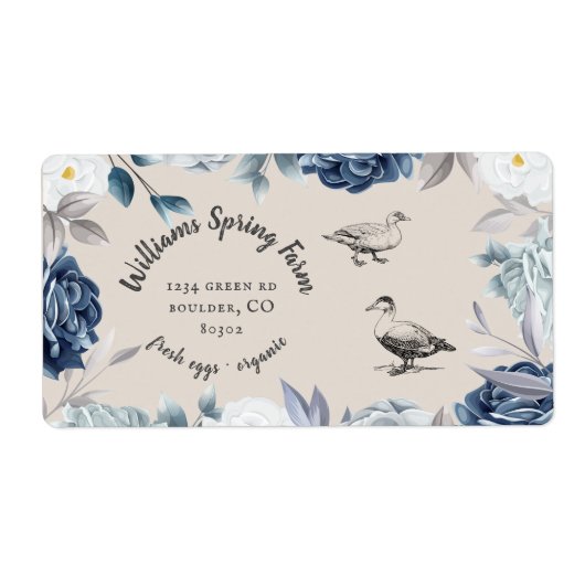 stoffig blauw bloemenrustiek script eend Ei Karton Etiket (Voorkant)