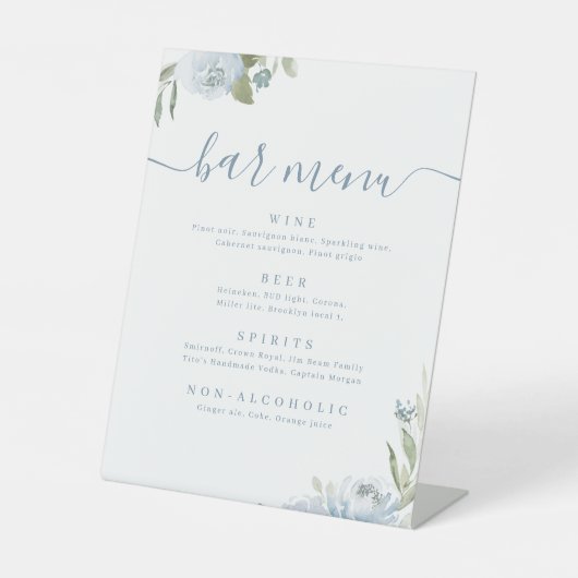 Stoffig blauw bloemenschrift rustiek Bar Menu Reclamebord Met Voetstuk (Voorkant)