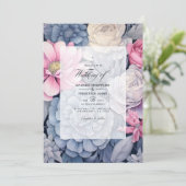 Stoffig Blauw, Blush Roze en Zilver Bloemen Bruilo Kaart (Staand voorkant)