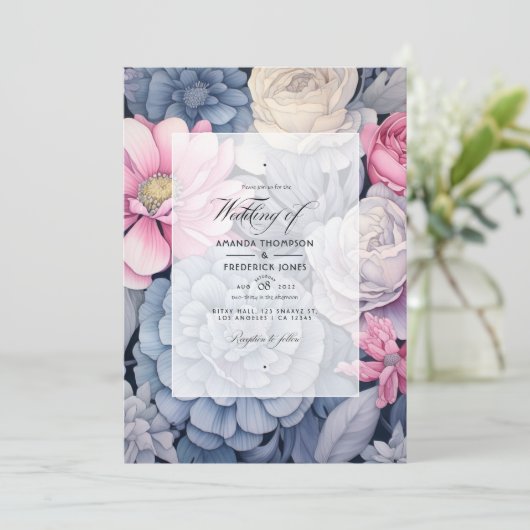 Stoffig Blauw, Blush Roze en Zilver Bloemen Bruilo Kaart (Staand voorkant)