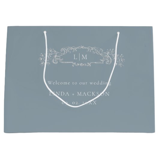 Stoffig blauw botanische kam monogram bruiloft groot cadeauzakje (Voorkant)