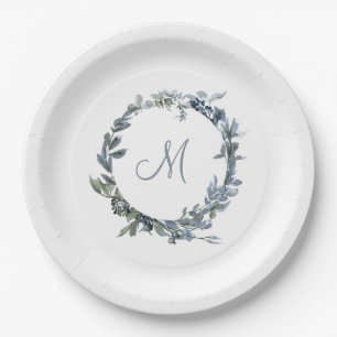 Stoffig Blauw Botanische Krans Elegant Monogram Papieren Bordje