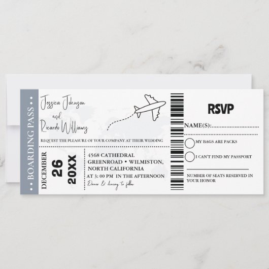 Stoffig blauw Bruiloft uitnodiging Boarding pass t (Voorkant)