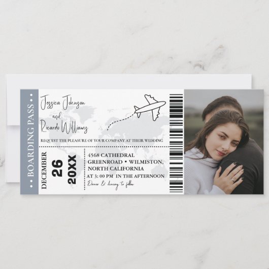 Stoffig blauw Bruiloft uitnodiging Boarding pass t (Voorkant)