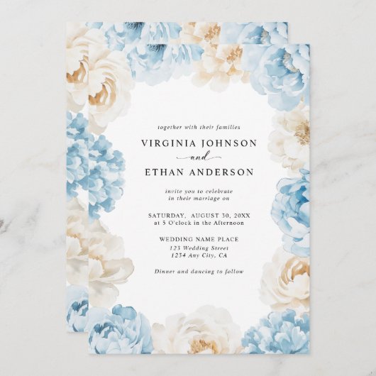 Stoffig Blauw Champagne Ivoor Pioenen Bloemen Huwe Kaart (Voorkant / Achterkant)