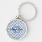  Stoffig Blauw Damast Monogram & Naam Sleutelhanger (Voorkant)