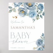 Stoffig blauw elegant floraal roos baby shower wel poster (Voorkant)