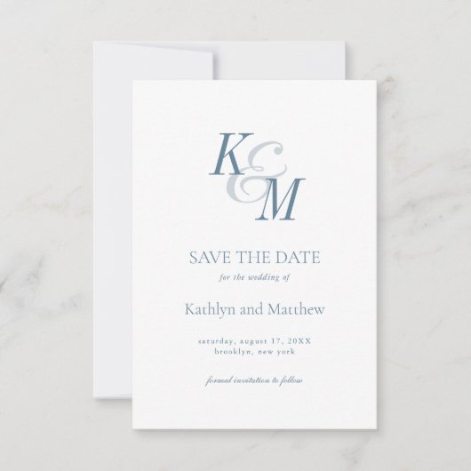 Stoffig Blauw Elegant Klassiek Monogram Bruiloft Save The Date (Voorkant)