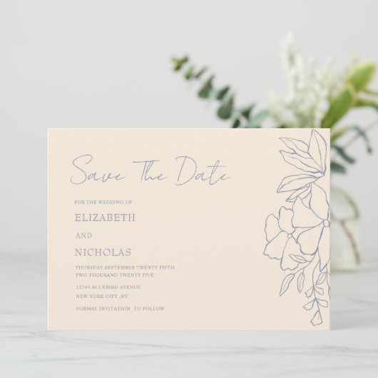 Stoffig blauw en crème bloemenklassieker Save the  Save The Date (Staand voorkant)