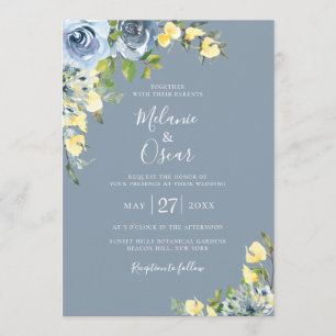Stoffig Blauw en Geel Botanische Bloemen Bruiloft Kaart