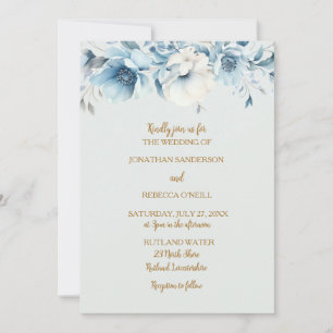 Stoffig blauw en goud, bloemenbruiloft kaart