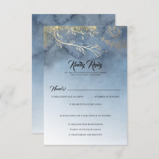 Stoffig Blauw en Goud Modern RSVP (Voorkant / Achterkant)