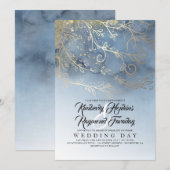 Stoffig Blauw en Goud Modern Waterverf Bruiloft Kaart (Voorkant / Achterkant)