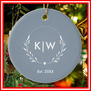 Stoffig blauw en wit Monogram moderne Initialen Keramisch Ornament