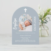 Stoffig blauw fotoboogschrift Doop Kaart (Staand voorkant)