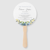 Stoffig Blauw Geel Botanisch Bruiloft Programma Handwaaier (Voorkant)